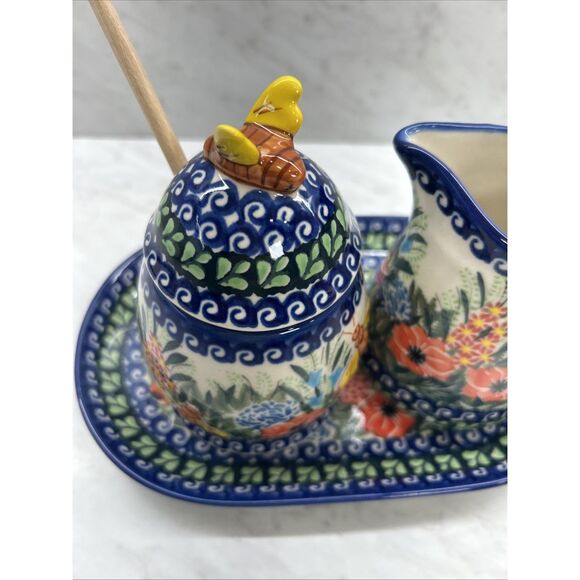 Unikat Polish Pottery Floral Creamer Pitcher And Honey Jar On Serving Tray - Picture 2 of 11